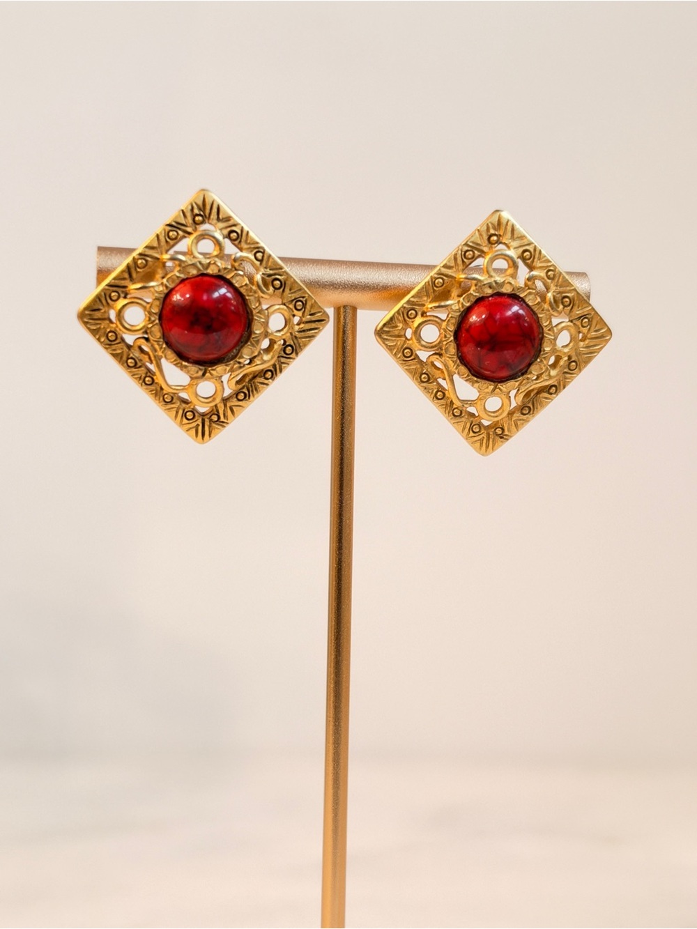 Casual Corner Gold-Tone Filigree Square Earrings with Red Centers